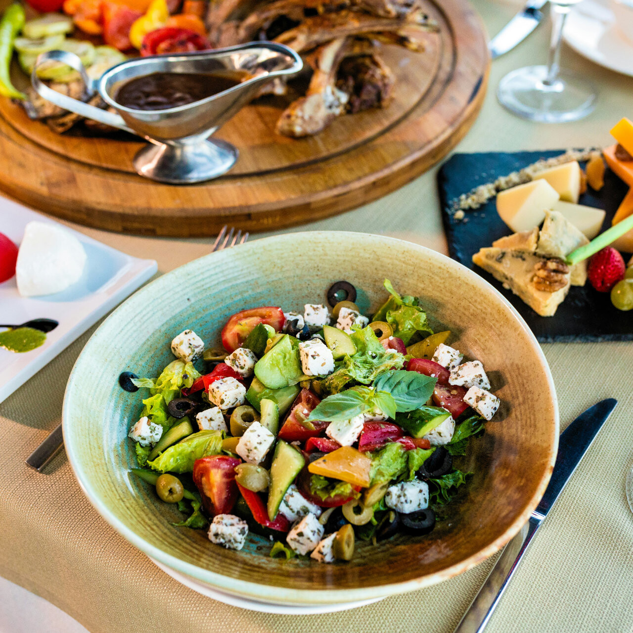 Greek salad with cheese, olives, and more