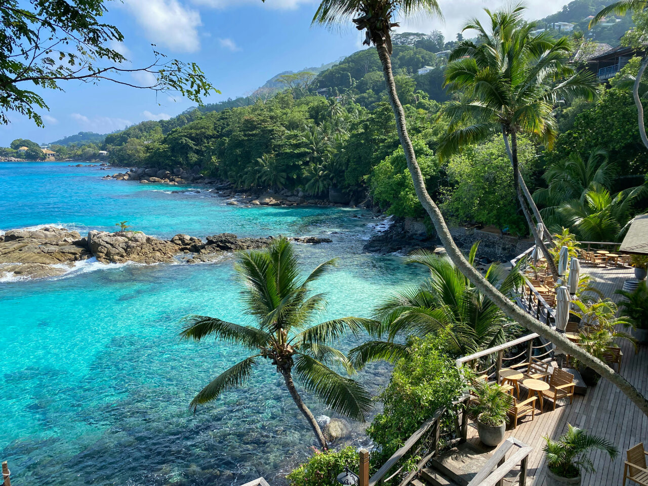 Beautiful view of beach in Baie Sainte Anne, Seychelles.